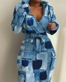 Two-piece denim patchwork print set with cropped hoodie and high waist midi skirt - S / Bottoms / Denim Blue Print