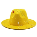 Close-up of yellow felt fedora hat featuring artistic colorful paint splatter patterns - M (56-58cm) / Yellow