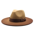 Detail of khaki wool felt fedora featuring a wide brown brim and matching ribbon bow - M (56-58cm) / Brown