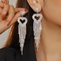 Sparkling silver heart fringe earrings with rhinestones for a luxury look - Silver Heart Multi-Row Tassel Style (DTE1816403S-W)