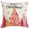 Federa per cuscino natalizia in lino rosa con motivi di alberi e scritte festive - 45x45CM Lino Singola Faccia / Albero di Natale Sfumato Rosa