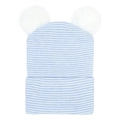 Detail of baby winter knit hat with blue white stripes and twin fluffy faux fur pom poms - Blue White