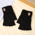Guanti neri in maglia di lana alpaca a mezza dita con polsini a coste e logo del cervo - Taglia unica / Nero
