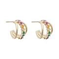 Elegant gold double-row curved stud earrings set with vibrant rainbow cubic zirconia - Double Row Curved Studs / Gold Rainbow