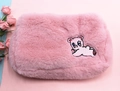 Pink plush makeup bag with cute bear embroidery and soft faux fur texture - Pink - Full Body Cat