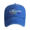Detailed view of white Mama embroidery and colorful hearts on navy washed cotton baseball cap - Deep Blue - Rainbow Heart