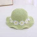 Light green woven girls' straw sun hat with cute daisy floral accents and wavy brim - Daisy / Circumference 50-53cm / Grass Green