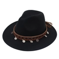Detail of black felt fedora featuring ethnic woven band and silver metal coin charms - Black