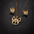 Golden stainless steel French Bulldog pendant necklace and stud earrings jewelry set - Golden Pug (148)