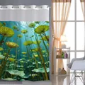 Detailed view of waffled fabric shower curtain with fresh underwater lotus leaf print - 181x188cm / Underwater Lotus - Curtain Only