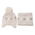 Detail of winter knit hat and neck warmer set with cute bear pattern and pom-pom - Beige