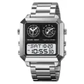 Silver square stainless steel digital watch with dual analog dials and multi-time display - Silver White Display