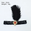 Bandeau à plumes noir vintage des années 1920 avec gemme rouge et dentelle dorée - Plume Paillette - Creux Gemme Rouge