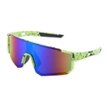 Neon green cycling sunglasses with splattered black pattern and colorful mirrored lens - Ink Dot Green