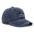 Close-up of embroidery patch on distressed navy blue washed denim baseball cap - One Size / Washed Dark Blue (F)