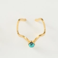 Egyptian style gold plated wavy open ring featuring a round turquoise stone inlay - Adjustable Open / Slim Green Stone