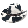 Vue détaillée du chapeau de cowboy en peluche vache avec bandeau en cuir et tête de taureau - M (56-58cm) / Couronne Droite Noir