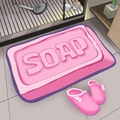 Cute pink 3D soap-shaped diatomaceous earth bath mat with embossed SOAP text design - Hot Pink