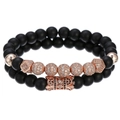 Ensemble de bracelets en perles noires mates avec charms couronne en or rose et zircon - Or rose