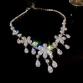 Macro view of flower cluster necklace with teardrop zircon pendants on black surface - 6# Necklace-Silver-Five Petal Flower