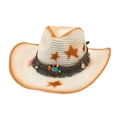 Western Strohhut mit Bohemian-Sternenmuster, Perlen, Türkis und rosa Feder-Deko - Ethno Stil + Windseil / Weiß