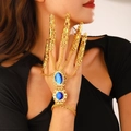 Vintage Arabic gold slave bracelet with blue gemstones and floral filigree finger armor - Finger Armor Hand Harness (11826) / Gold-Blue Stone