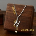 Silver titanium steel necklace with H initial pendant and tassel in 40+5cm length - Letter H / Silver