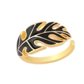 Detailed macro shot of a golden adjustable ring with black monstera leaf enamel detail - Adjustable Open / Black