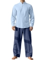 Men's cotton linen casual set with light blue stand collar shirt and dark blue trousers - Light Blue + Navy