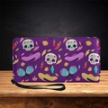 Long PU leather wallet with colorful Day of the Dead skull print on a wooden surface - Purple Day of the Dead Party (QB-014)