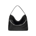 Classic black woven leather hobo shoulder bag with integrated strap and matte finish - Black