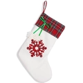 White Christmas stocking with red-green plaid cuff and snowflake applique - Red Snowflake