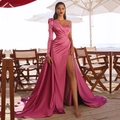 Elegant magenta satin one-shoulder evening gown with long puff sleeve and high leg slit - US size 2 (S) / Magenta