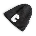 Black knit beanie with a white plush letter C patch and thick folded cuff design - Black