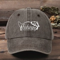 Detail of vintage washed baseball cap with white Fishing print on dark brown cotton - Coffee