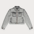 Dettaglio della giacca di jeans grigia lavata con texture del tessuto e zip in metallo - S / Grigio Tempesta