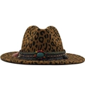 Leopard print wide brim fedora with turquoise stone and ethnic braided band decoration - M (56-58cm) / Turquoise Tassel Ethnic Woven Band Style / Khaki
