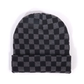 Knitted beanie hat featuring a black and grey checkerboard pattern and rolled cuff - One Size / Black and Gray