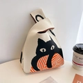 Cute panda knit handbag featuring a playful cat illustration with long handle design - Beige-Cat
