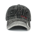 Vintage washed dark gray denim baseball cap with SMOK embroidery and distressed edges - Adjustable / Washed Black