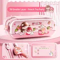 Pink double-layer 3D pencil case with cute cartoon girl, peaches, and silicone zipper - Double Layer EVA Hard Shell / Pink Peach Tea Party