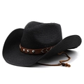 Black straw western cowboy hat with wide brim, studded leather band, and chin strap - M (56-58cm) / Black