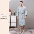 Unisex light green waffle knit bathrobe with belted waist and side pockets - XL / Men's / Light Green