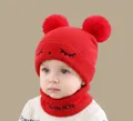 Red knit winter hat and scarf set with two faux fur pom-poms for infants and toddlers - Squinting Set Red (2 Months - 2 Years)