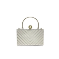 Detailed view of silver acrylic evening clutch featuring V-shape pattern and pearl clasp - Style 2 (With Metal Handle) / Silver