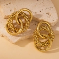 Chic 18K gold plated stainless steel interlocking hoop earrings on beige stone stand - Dot Woven Double Hoops (BJGE0727)