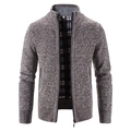 Men's slim fit knit cardigan with stand collar and checkered fleece lining in red brown - M / Coffee