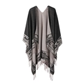Black and taupe double-sided knit shawl with intricate pattern borders and fringe - Totem Tassel-Black Gray
