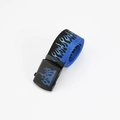 Detail view of a blue and black canvas belt with flame patterns rolled on a white surface - Flame Pattern Flat Buckle (Blue)