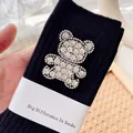 Dark blue ribbed cotton socks featuring a sparkling rhinestone teddy bear embellishment - One Size (EU 34-39) / Black